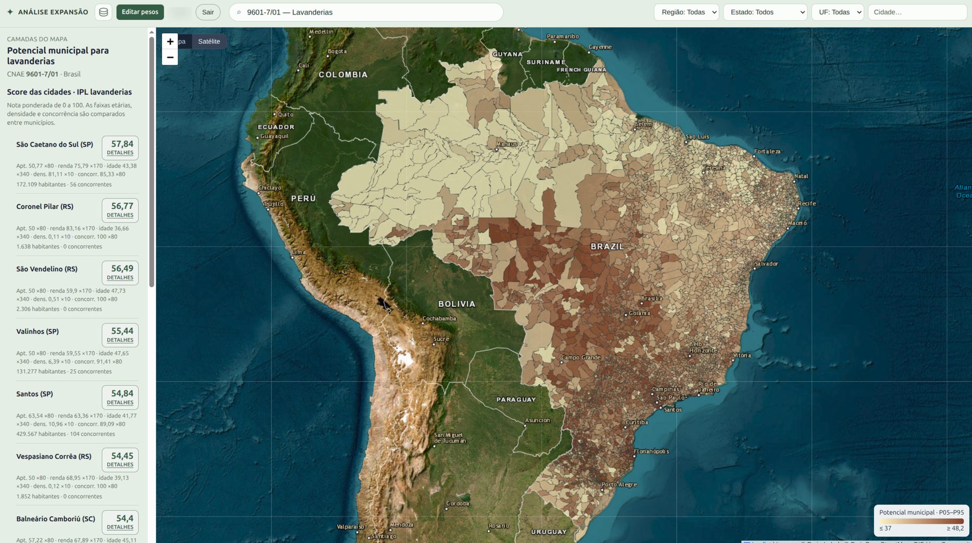 Tela do GeOportunidades: mapa do Brasil com o potencial de cada município e ranking das cidades